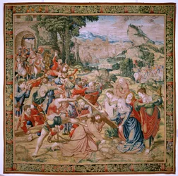 flamsk billedvev. Serien The Passion of Christ. Fall på vei til Golgata (Caída en el camino del Calvario). Andre billedvev i serien. Modeller Tegner Bernard van Orley. Produksjon Pieter de Pannemaker, Brussel. Ca 1518-1523. Stoff gull, sølv,