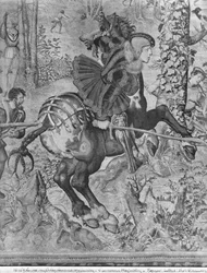 The Hunts of Maximilian, Steinbukken, The Boar Hunt, detalj av Maximilian I 1459-1519 Gobelins Factory se også 138999 billedvev bw foto