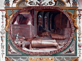 Representasjon av verkstedet til et våpenstøperi. Fresco av Bernardino Barbatelli dit Poccetti (1548-1612) Firenze, Uffizi Gallery (Uffizi)