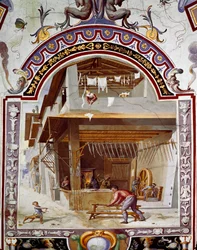 Representasjon av verkstedet til en våpenmaker, i bunnen av ovnen, lager en av arbeiderne et sverd. Fresco av Bernardino Barbatelli dit Poccetti (1548-1612) Firenze, Galleria degli Uffizi (Uffizi)