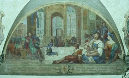 Den unge St. Anthony ber før krusifikset på torget (fresco)