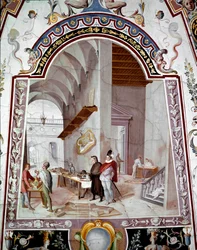 Utsikt over et arkitektverksted. Fresco av Bernardino Barbatelli dit il Poccetti (1548-1612) Uffizi-galleriet fra 1600-tallet (kontorer) Firenze