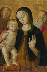 Madonna og barn med to eremitthelgener, tidlig på 1480-tallet (tempera på panel)