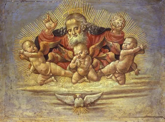 Del av et alterstykke som viser Gud Faderen med tre engler, ca. 1500 (tempera på tre)