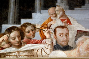 Mannlige og kvinnelige figurer, detalj fra Cycle of Virgin (1553), freskomaleri av Bernardino Lanino (1512-1583), nedre sakristi i Novara Cathedral, Piemonte, Italia