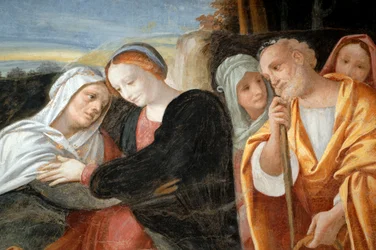 Mary with St Anne and St Joachim, detalj fra Cycle of Virgin (1553), freskomaleri av Bernardino Lanino (1512-1583), nedre sakristi i Novara Cathedral, Piemonte, Italia