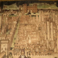 St Anthony og utsikt over Pavia, detalj fra Stories of St Theodore cycle, fresker av Bernardino Lanzani (1460-1530 ca), St Theodore's Church, Pavia, Lombardia, Italia