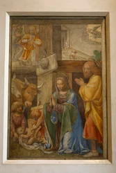 Fødsel og tilbedelse av hyrdene, ca. 1520-1525 (olje på panel)