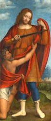 Saint Martin deler kappen sin med en tigger, 1520-22 (tempera om bord)