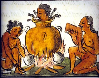 Rituell kannibalisme blant aztekerne. Manuskript av Bernardino de Sahagún. 17. århundre. Detalj av COS00778.