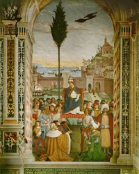 Aeneas Silvius Piccolomini, pave Pius II i havnen i Ancona, Italia, hvor han døde, mens han ventet på at korsfarerne skulle samles (freske)