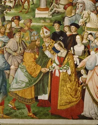 Aeneas Silvius Piccolomini, daværende biskop av Siena, presenterer keiser Friedrich III til sin brud, Eleanor av Portugal (fresco)