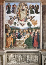 Jomfru Marias himmelfart - Jomfruen er fremstilt i en mandorla - Freske av Pinturicchio (Bernardino di Betto) (1454-1513), 1484-1492, Roma, Basilica di Santa Maria del Popolo, Basso della Rovere-kapellet, Italia