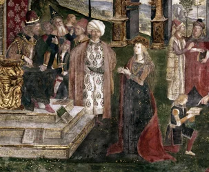 Detalj av den hellige Katarina av Alexandrias disputt med filosofen foran den romerske keiseren Maxentius