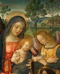 Detalj av den øvre delen av Vår Frue av Fred av Bernardino Pinturicchio, omkring 1452-1513