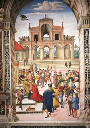 Italia, Siena, katedralen, Piccolomini-biblioteket, Enea Silvio Piccolomini blir gjort til poetprisvinner av keiser Frederick III, detalj fra Stories of Pius II