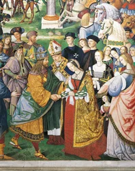 Italia, Siena, katedralen, Piccolomini-biblioteket, Enea Silvio Piccolomini, biskop av Siena, til stede ved kroningen av Fredrik III og Eleonora av Aragón, detalj fra Historiene om Pius II
