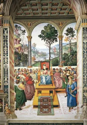 Italia, Siena, katedralen, Piccolomini-biblioteket, Enea Silvio Piccolomini holder tale for kong James I av Skottland, detalj fra Stories of Pius II