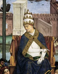 Italia, Siena, katedralen, Piccolomini-biblioteket, Pius II ankommer Ancona for å fremskynde korstog, detalj fra Stories of Pius II