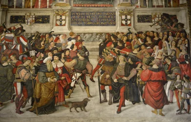 Italia, Toscana, Siena, katedralen, Duomo: Kroningen av Pius II (1405-1464)