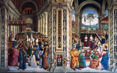 Pius II ankommer Ancona for å starte korstog (1500-tallet), freskomaleri av Pinturicchio (1452-1513), Piccolomini bibliotek, katedralen i Siena, Toscana, Italia
