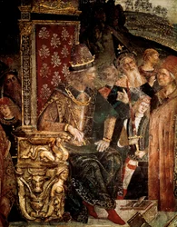 Den hellige Katarina av Alexandrias disputt med filosofer foran den romerske keiseren Maximianus Hercules, detalj av Cesare Borgia
