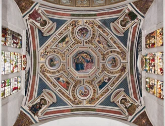 «Jomfruens kroning», «De fire evangelistene», «Sibyllene» og «Kirkelærerne». Korets hvelv, 1508-1510. Basilica di Santa Maria del Popolo (Santa Maria del Popolo-kirken)