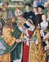 Piccolomini-biblioteket, sørøstveggen: «Aeneas Sylvius introduserer Eleonora av Aragona for Frederick III, 24. februar
