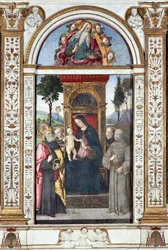 Jomfru med barn og den hellige Augustin, den hellige Frans og den hellige Antonius av Padua - Fresco av Pinturicchio (Bernardino di Betto) (1454-1513) 1484-1492 Roma, Basilica di Santa Maria del Popolo (Kirken Santa Maria del Popolo), Chapel Basso della Ro