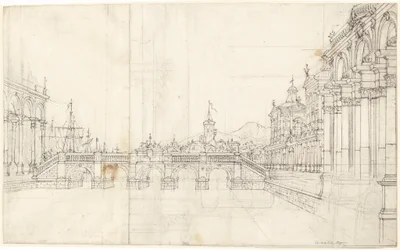 En Capriccio av palasser og en loggia som vender mot en klassisk bro