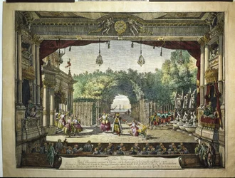 Balletten Den sjenerøse tyrkeren fra De galante India av Jean-Philippe Rameau - i Burgtheater i Wien av Bernardo Bellotto (Bellotti) (1720-1780)