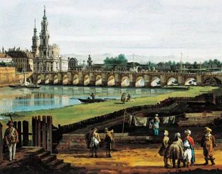 Dresden fra høyre bredd av Elbe oppstrøms fra Augustus-broen, ca. 1750, av Bernardo Bellotto, kjent som Canaletto (1721–1780), olje på lerret, 50 x 84 cm, detalj