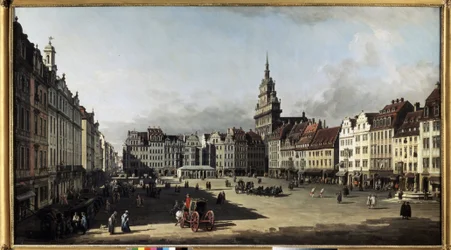 ""Den gamle markedsplassen i Dresden"" (Den gamle markedsplassen i Dresden) Maleri av Bernardo Bellotto (1720-1780) 1750-1752 Pushkin-museet, Moskva
