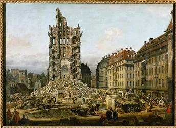 Ruinene av den gamle Kreuzkirche i Dresden (olje på lerret)