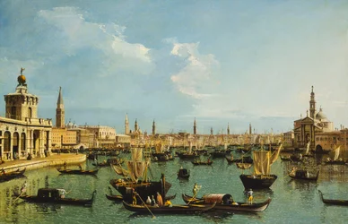 Bacino di San Marco, Venezia, fra Giudecca-kanalen med Dogana, Molo, Riva degli Schiavoni, kirken San Giorgio Maggiore og mange båter,