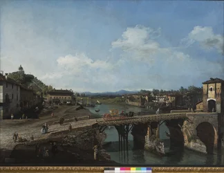 Utsikt over den gamle broen over Po i Torino, 1745