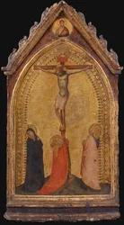 Korsfestelsen med Maria Magdalena, Madonna og evangelisten Johannes (tempera på panel)