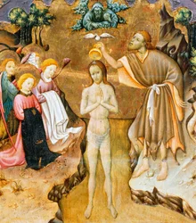 Kristi dåp, detalj fra predellaen til en altertavle fra Vic-katedralen, av Bernat Martorell (ca 1400-1452), malt på tre. katalansk gotisk kunst.