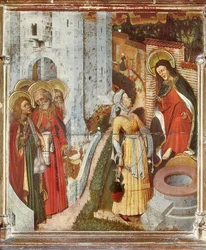Jesus og samaritansk kvinne, detalj fra Transfiguration Altertavle, ca 1445 (maleri på tre)