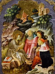 Forkynnelse av døperen Johannes, detalj fra predellaen til en altertavle fra Vic-katedralen, av Bernat Martorell (ca 1400-1452), malt på tre. katalansk gotisk kunst.