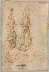Design for en candelabrum, allegorisk figur av overflod, dekorativt relieffdesign, ca. 1490-tallet.
