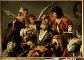 Helbredelsen av Tobit. Etter råd fra erkeengelen Rafael bruker unge Tobias gallen til en fisk for å gjenopprette synet til Tobias, faren hans. Maleri av Bernardo Strozzi (1581-1644). Olje på lerret