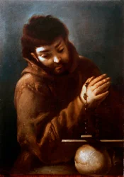 Representasjon av Saint Francois av Assisi som tilber krusifikset Maleri av Bernardo Strozzi (1581-1644) Privat samling fra 1600-tallet