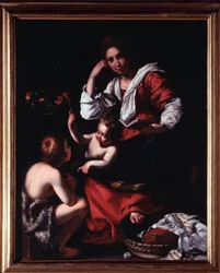 Representasjon av den hellige familie med døperen Johannes (Den hellige familie med døperen Johannes) Maleri av Bernardo Strozzi (1581-1644) Genes, Musei di Strada Nuova (ex Palazzo Rosso) Italia