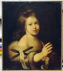 Døperen Johannes, barn. (Døperen Johannes, som et barn). Han holder et kors med et hylster ""Ecce agnus dei"" (Se Guds lam). Maleri av Bernardo Strozzi (1581-1644), olje på lerret