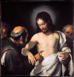 The Incredulite of St. Thomas Maleri av Bernardo Strozzi (1581-1644) Mål 101 x 97,5 cm Genes, Musei di Strada Nuova (tidligere Palazzo Bianco)