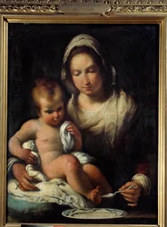 Jomfruen har skjeen. Maleri av Bernardo Strozzi (1581-1644)