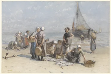 Fishwives på stranden ved Scheveningen Fiskekvinner på Scheveningen-stranden