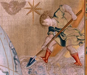 flamsk billedvev. Serien The Spheres. Hercules som støtter himmelsfæren (Hércules sostiene la esfera celeste). Første billedvev i serien. Modell Barend van Orley eller Pieter Coecke van Aelst. 1525-1530. Produksjon Joris Vezeleer (Georg Wezeler)?, B