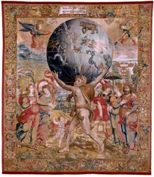flamsk billedvev. Serien The Spheres. Hercules som støtter himmelsfæren (Hércules sostiene la esfera celeste). Første billedvev i serien. Modell Barend van Orley eller Pieter Coecke van Aelst. 1525-1530. Produksjon Joris Vezeleer (Georg Wezeler)?, B